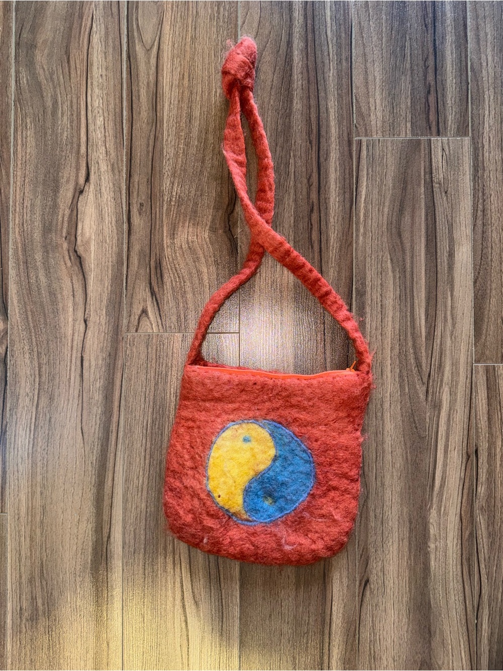 Handmade Red Felt Crossbody Bag with Yellow & Blue Yin Yang